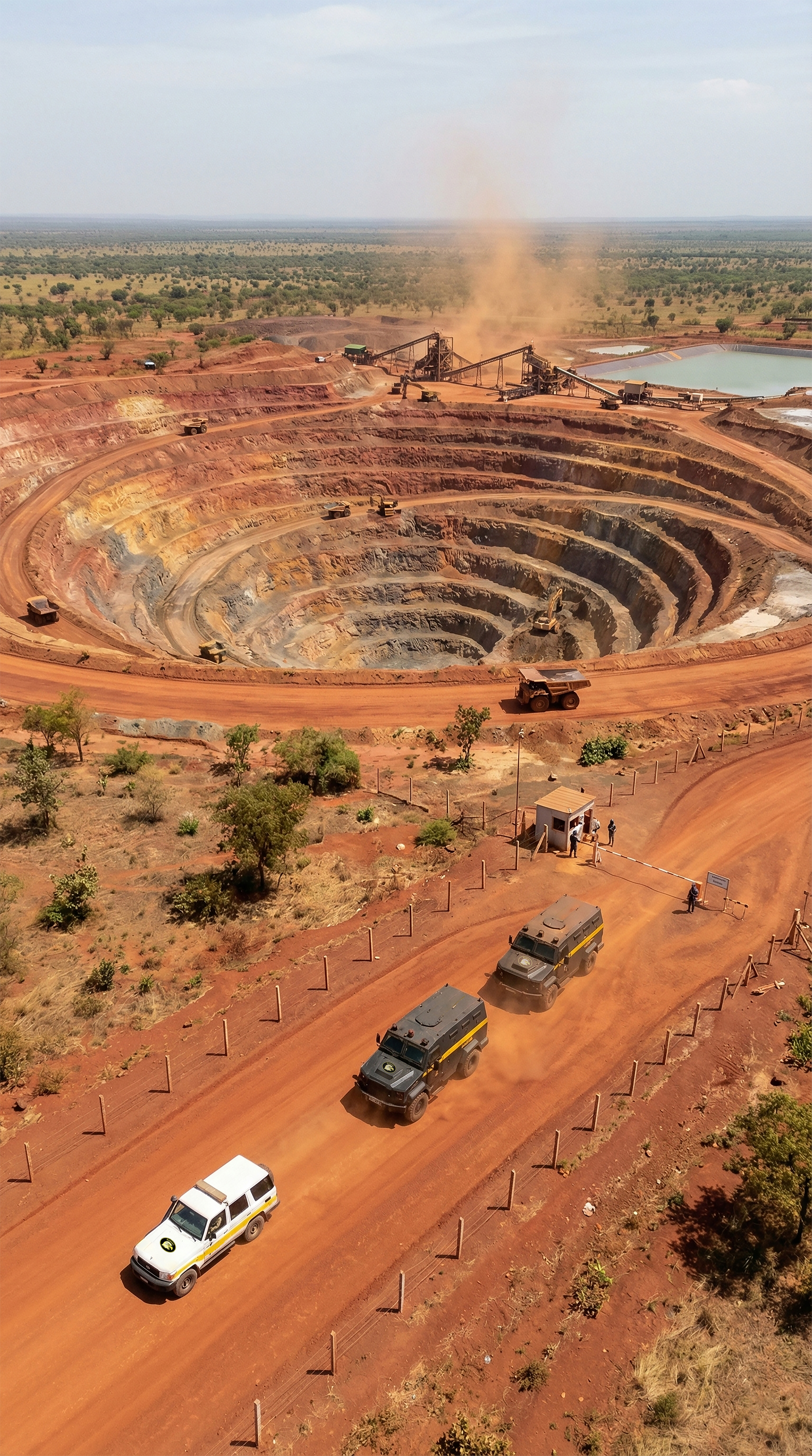 Paysage minier africain — Convoi sécurisé BURVAL en contexte minier